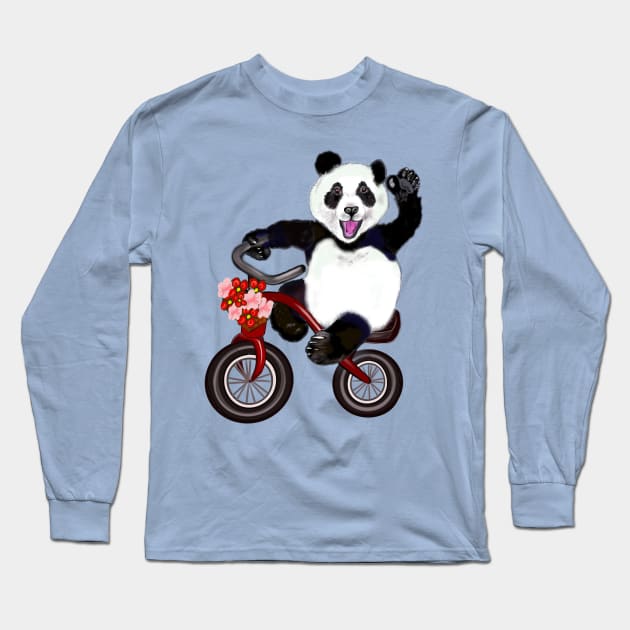 Panda bear on a tricycle bicycle- cute kawaii cuddly panda bear Long Sleeve T-Shirt by Artonmytee